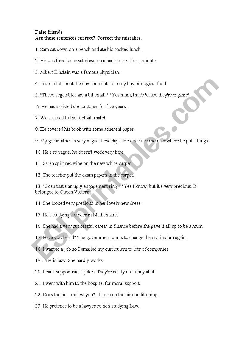 False friends worksheet