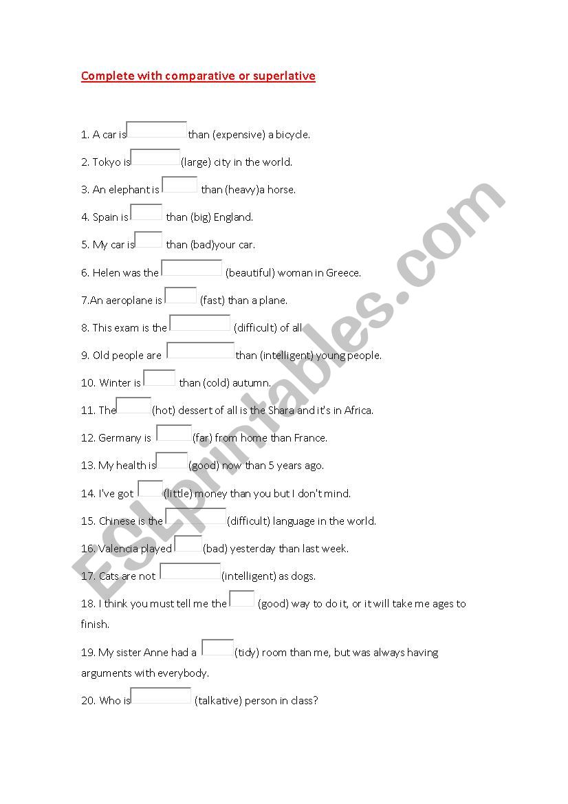 Comparative and Superlative worksheet