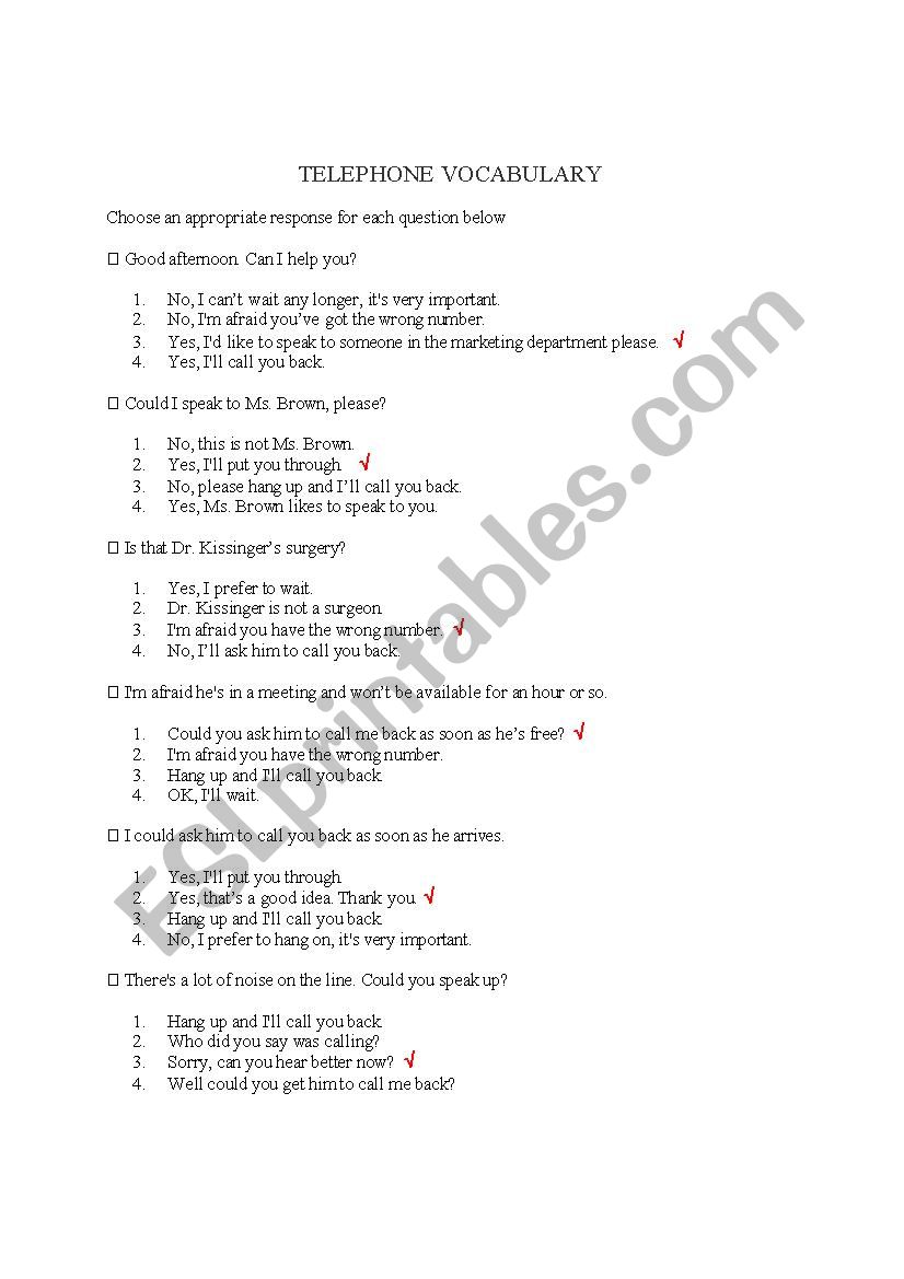 TELEPHONE VOCABULARY worksheet