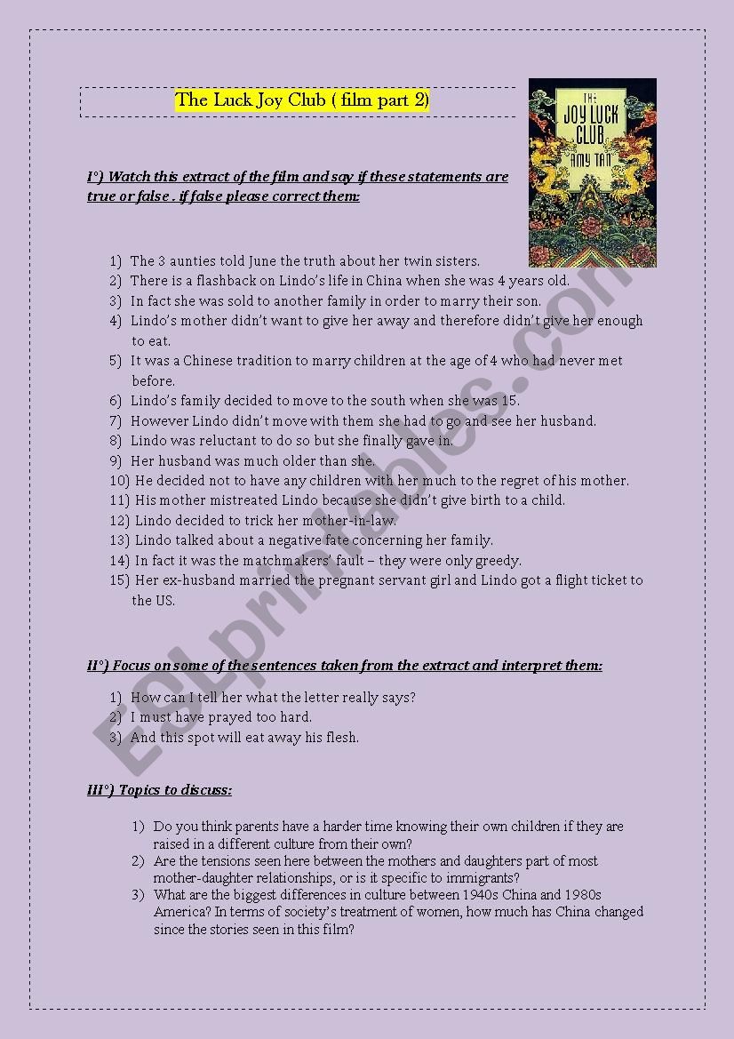 Film: The Joy Luck Club part2 worksheet