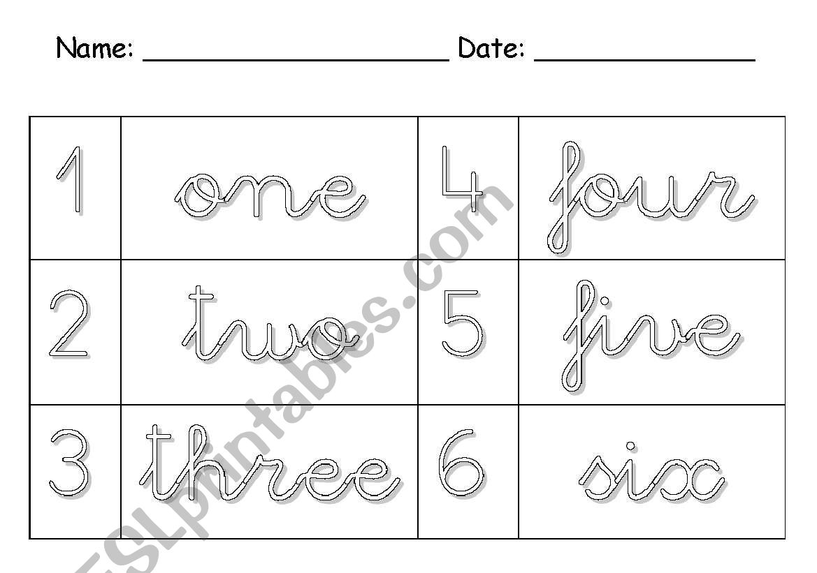 Numbers from 1 to 6  worksheet