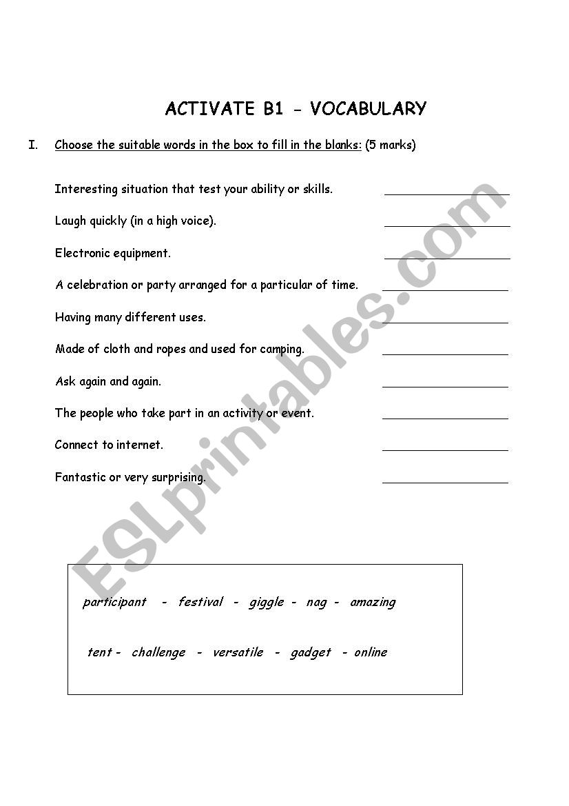 activate b1 - vacabulary worksheet