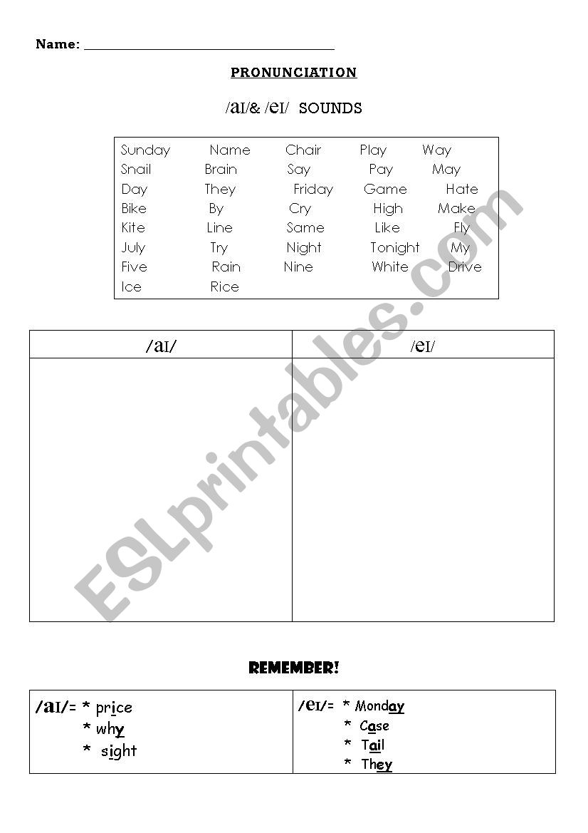 DIPHTHONGS /ai/ /ei/  worksheet