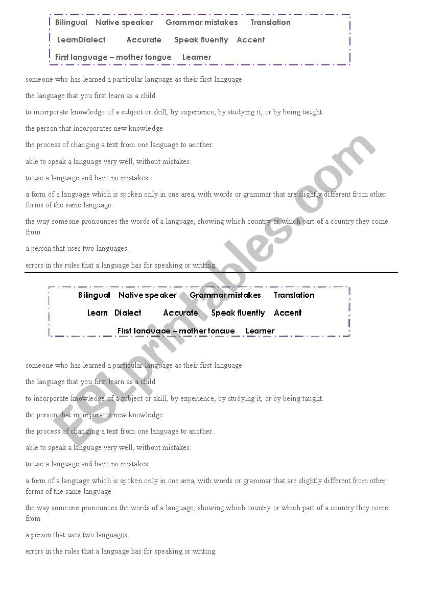 Language learning vocabulary worksheet