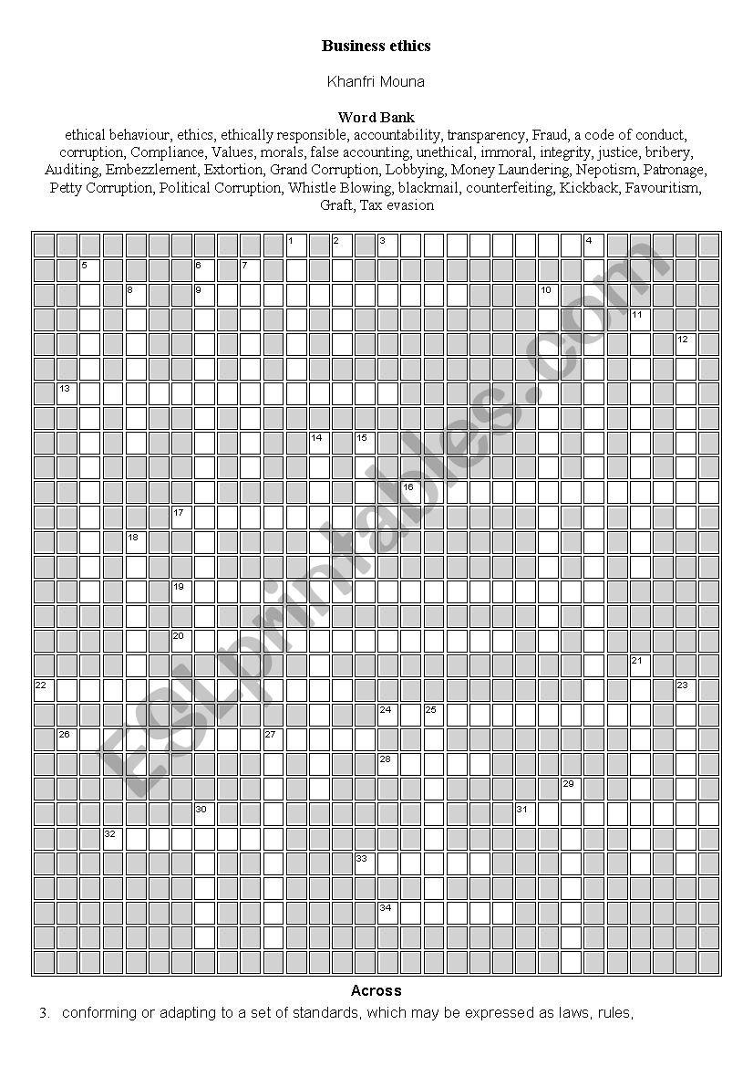 Business ethics crossword worksheet