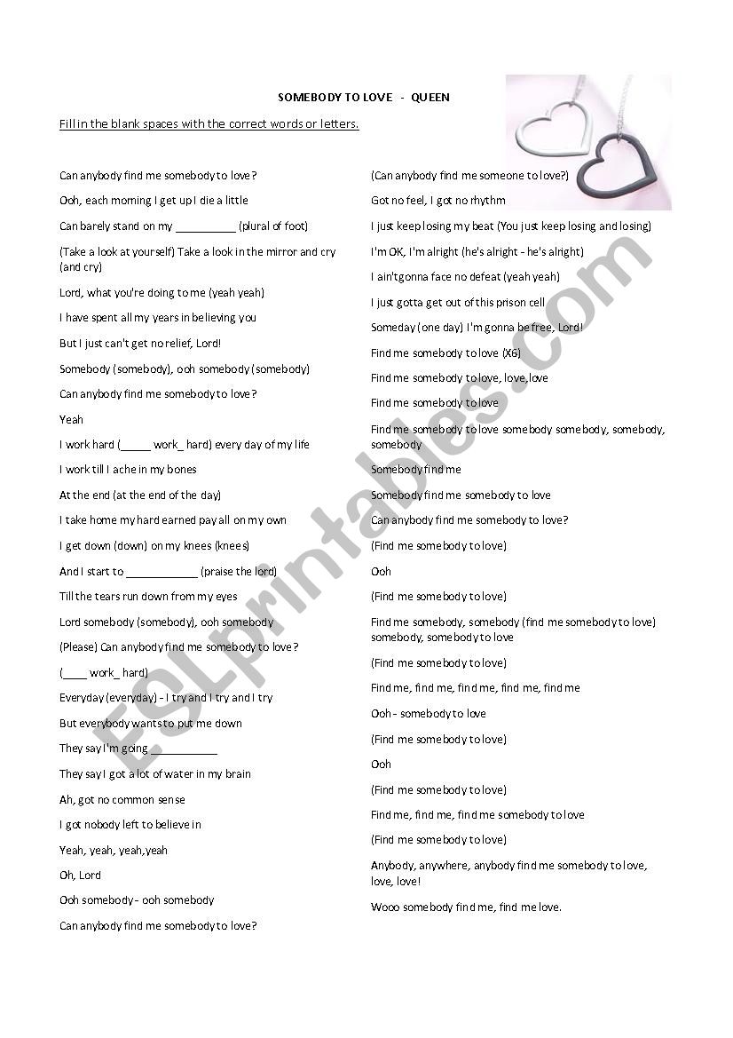 Listening - Somebody to love worksheet