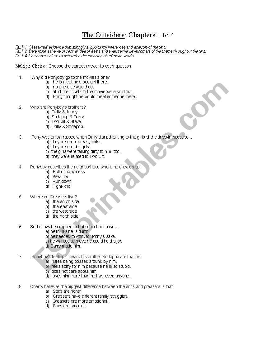 The Outsiders Ch 1-4 worksheet