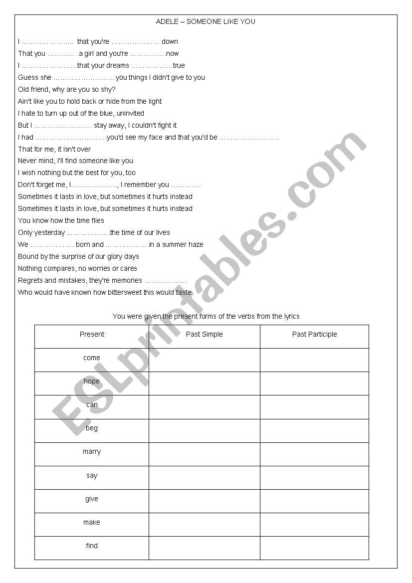song worksheet