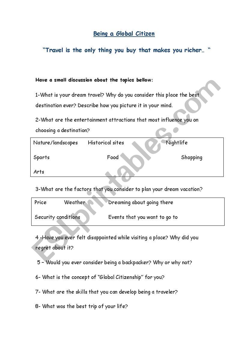 Travel discussion pt1 worksheet