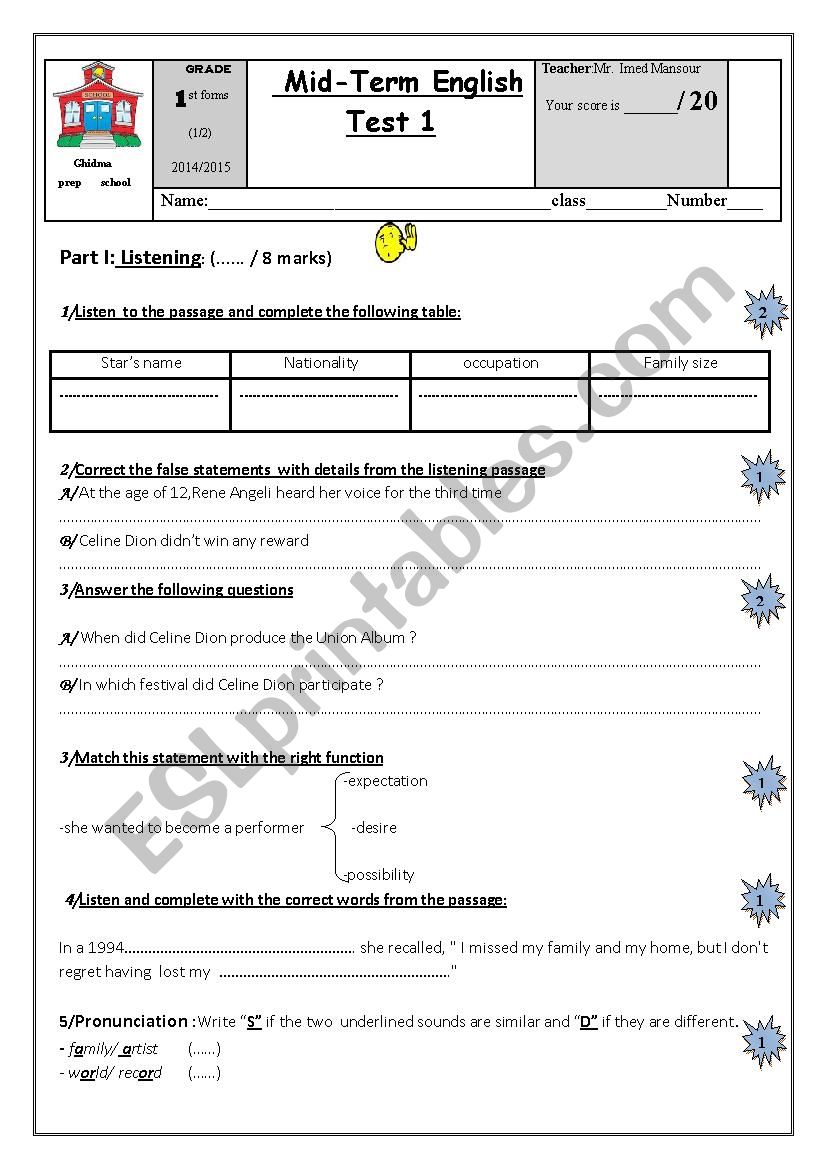    Mid-Term English Test 1 worksheet