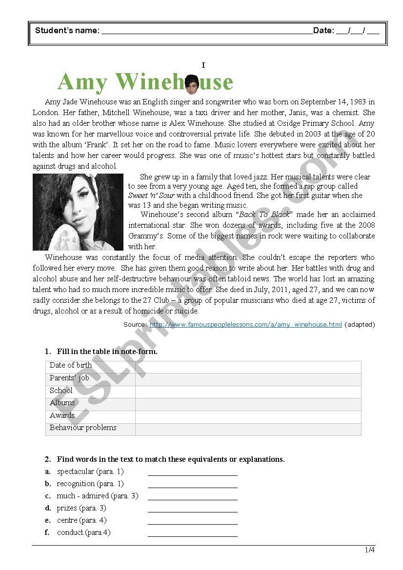 Amy Winehouse worksheet