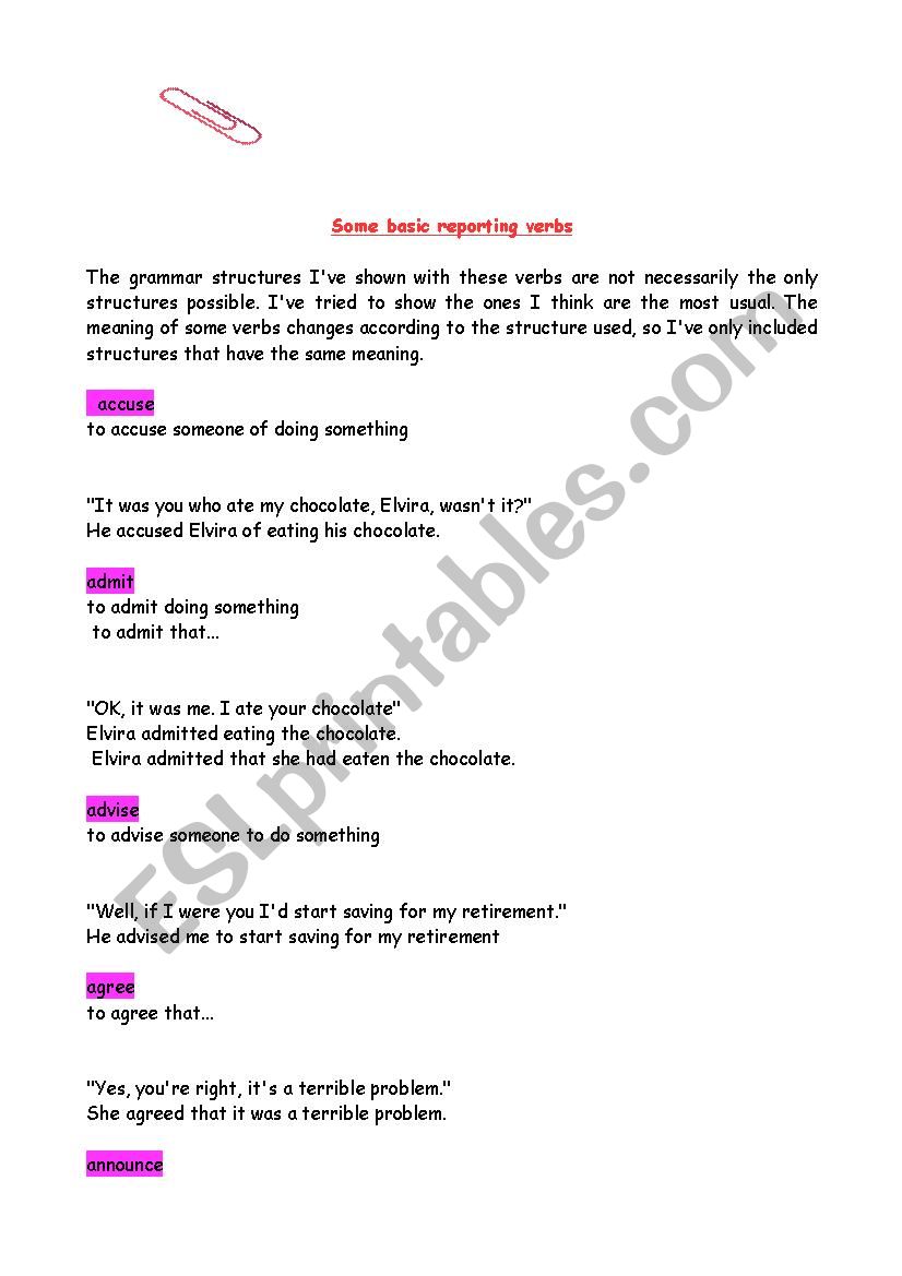 reporting verbs worksheet