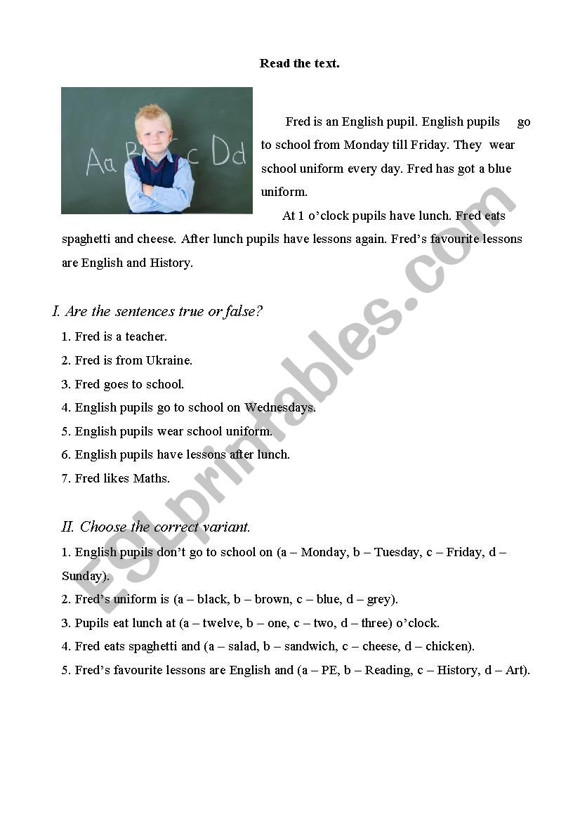 Reading test School worksheet