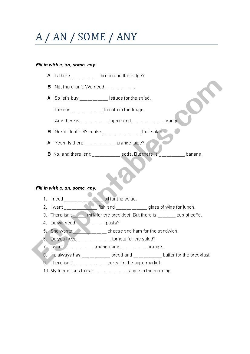 A/an/some/any - exercises worksheet