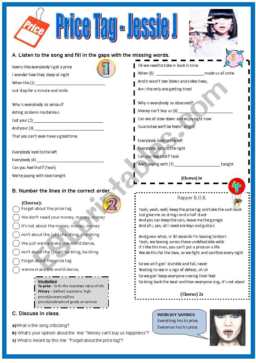 Price Tag - Jessie J worksheet