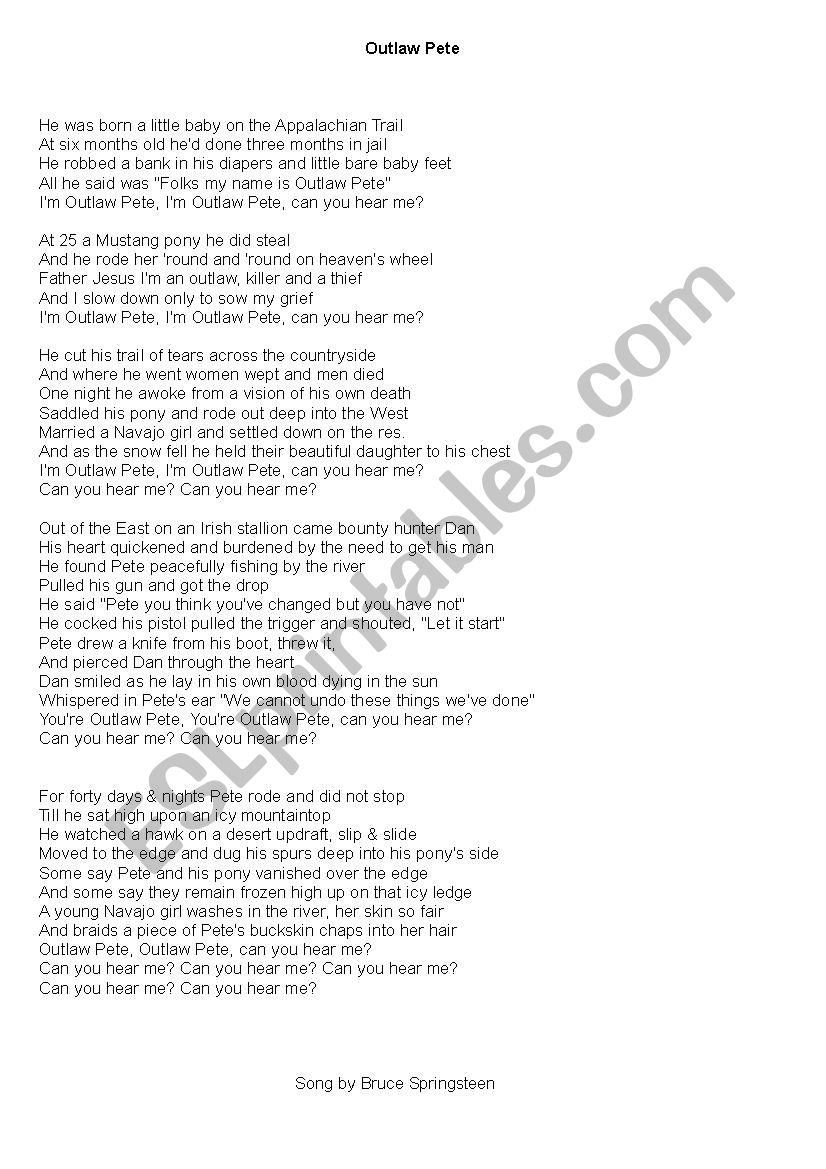 Outlaw Pete by Bruce Srpingsteen - worksheet about the lyrics - listening activities