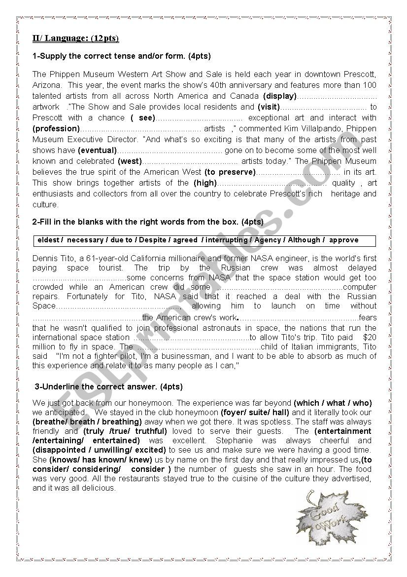 4th form first term test november 2014 