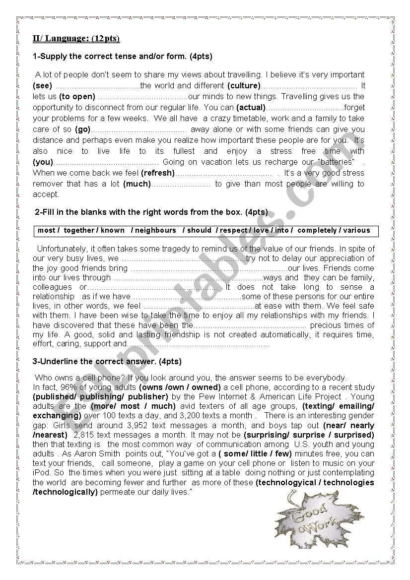 2nd form first test worksheet