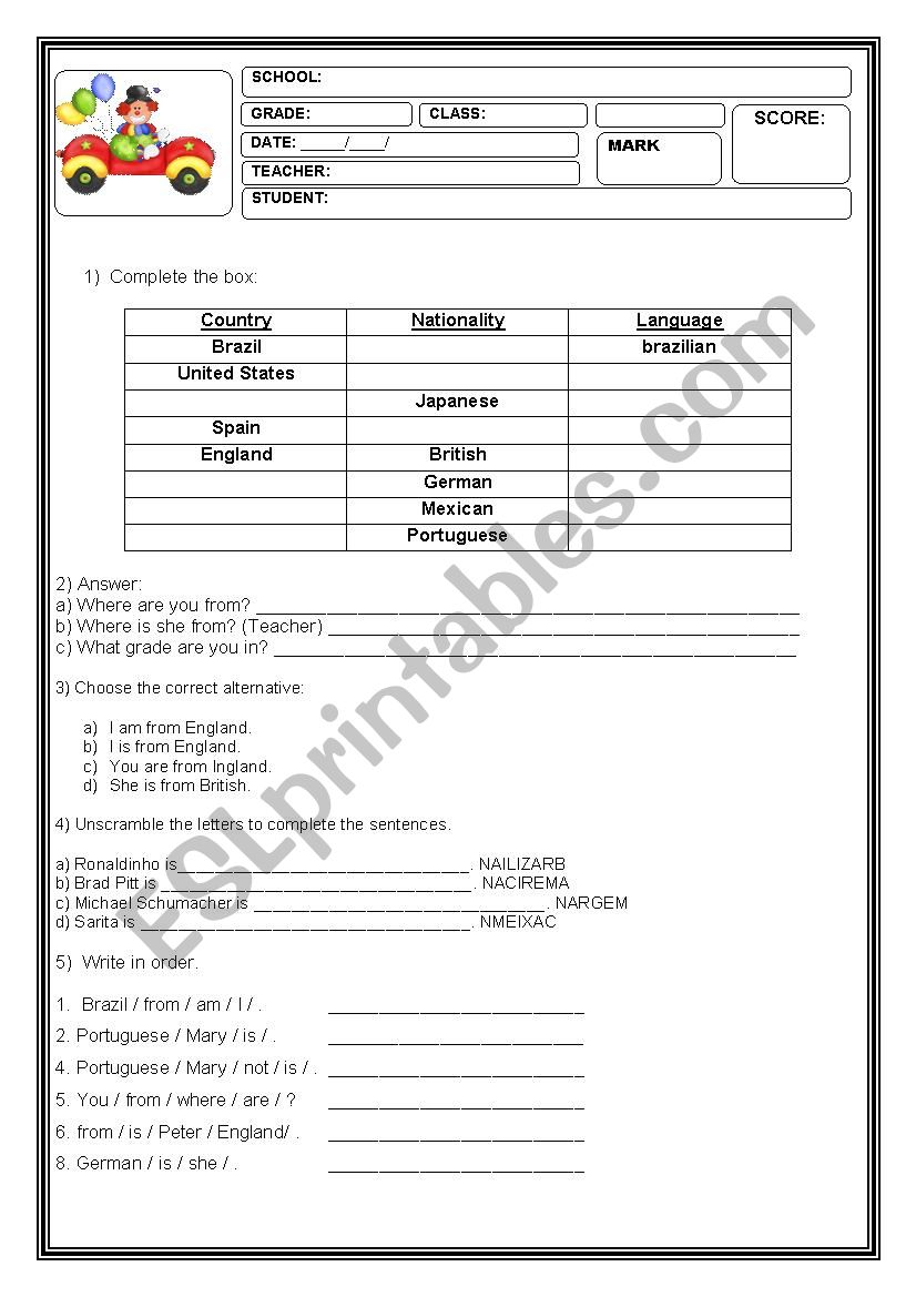 Countries and nationalities worksheet