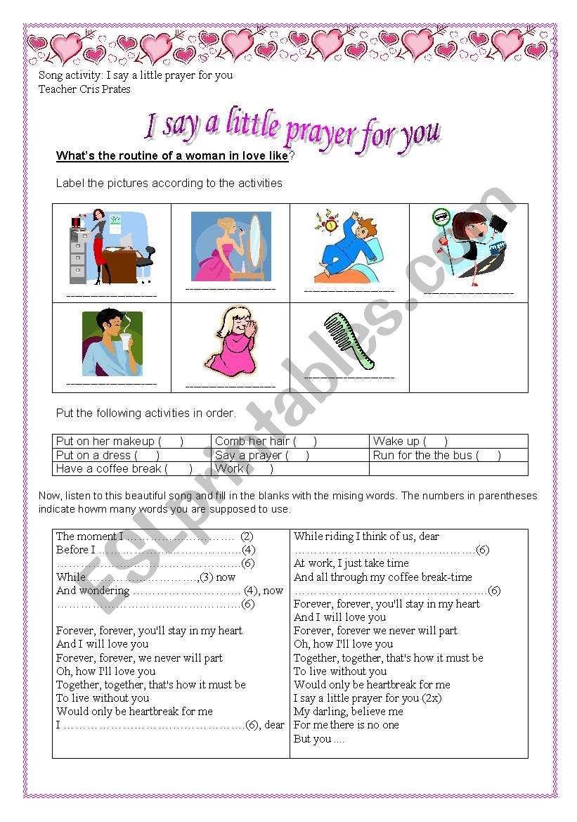 song I say a little prayer for you ESL worksheet by