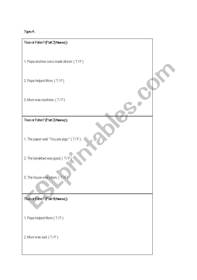 Piggy book T/F quiz worksheet