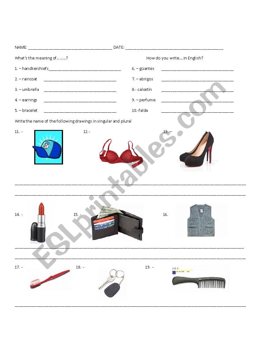 Clothes and accessories worksheet