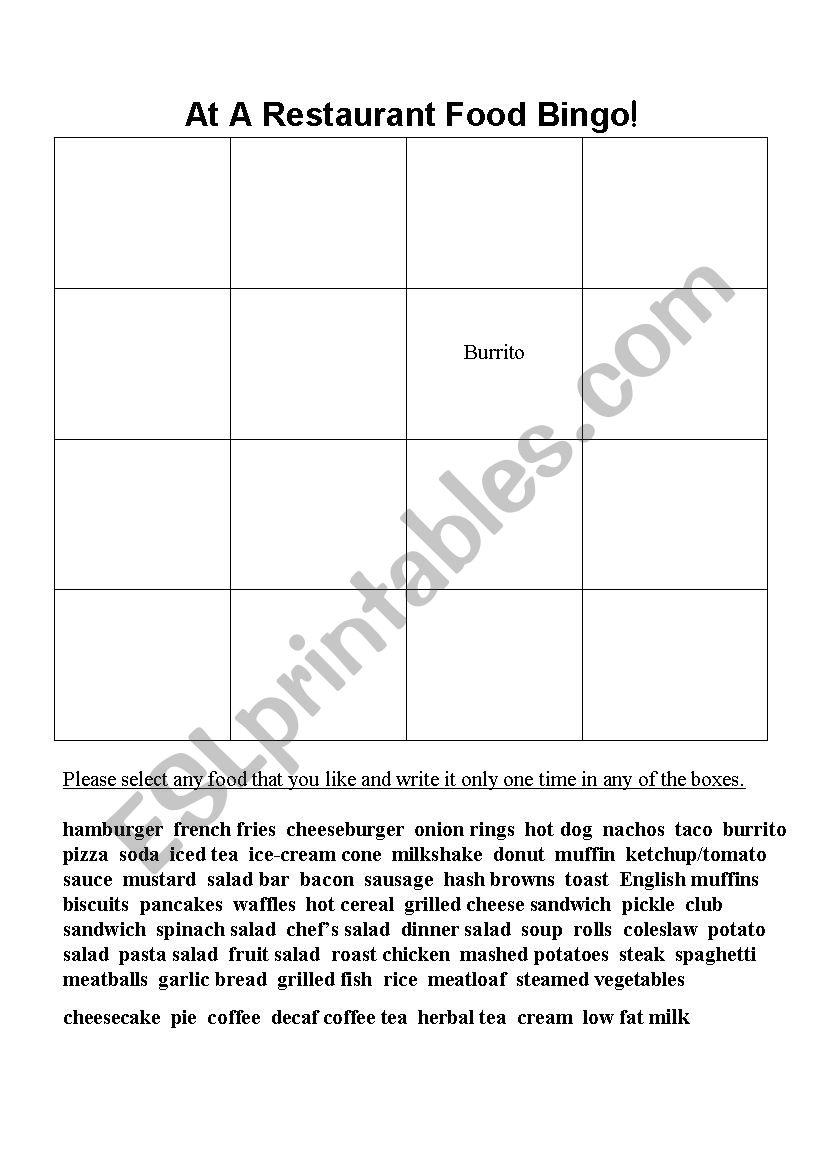 Restaurant Food Bingo worksheet