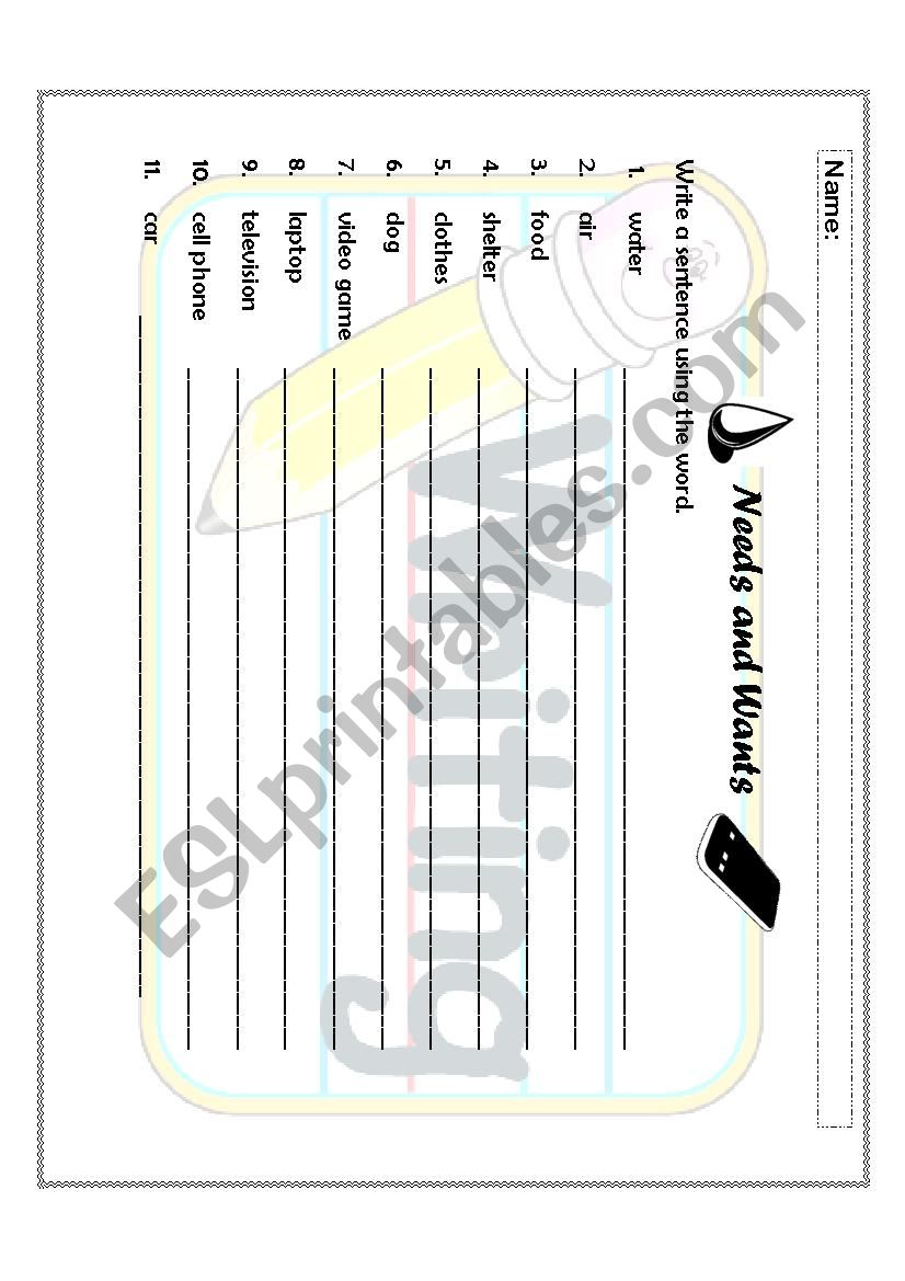 Needs and Wants worksheet