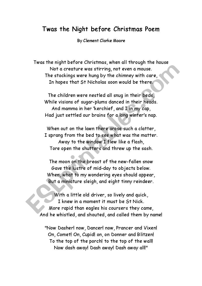 Twas night before Christmas poem ESL worksheet by martalop90