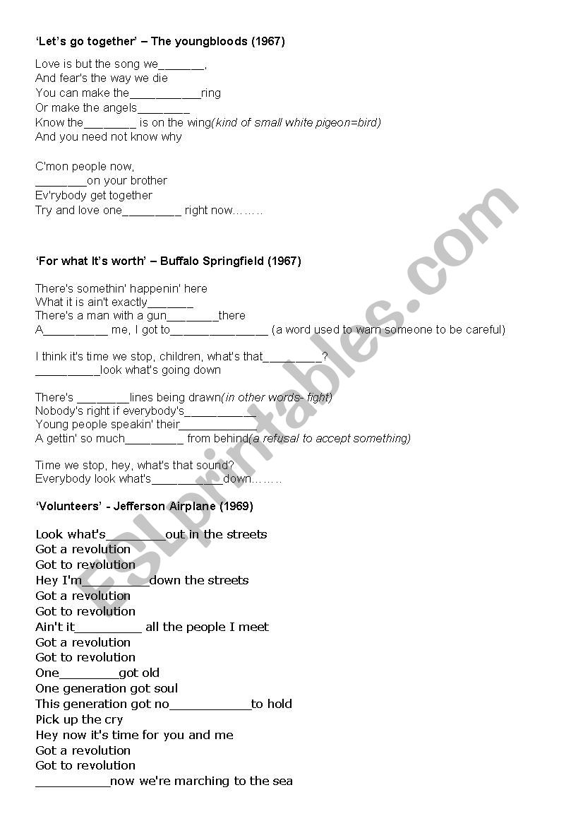 protest songs worksheet