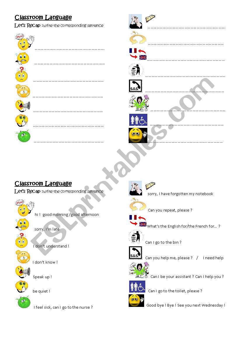 Classroom Language worksheet