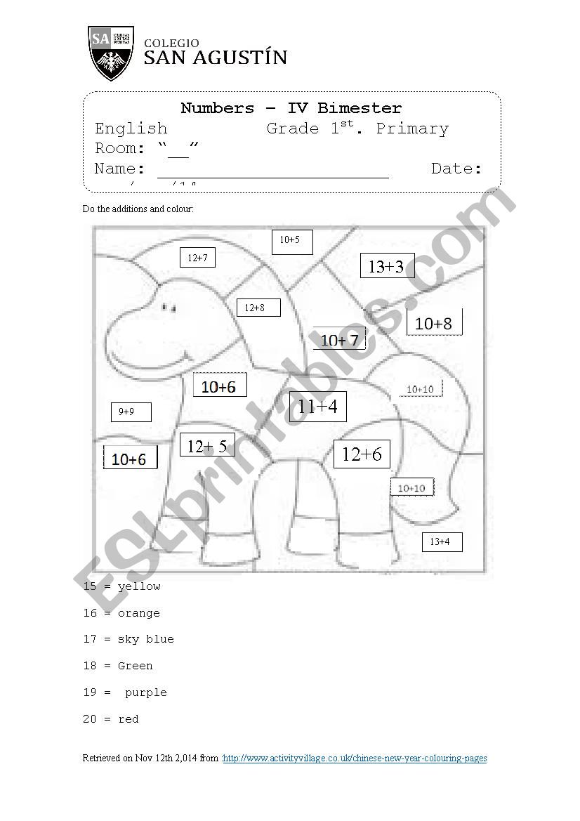 Numbers addition 1 - 20 worksheet