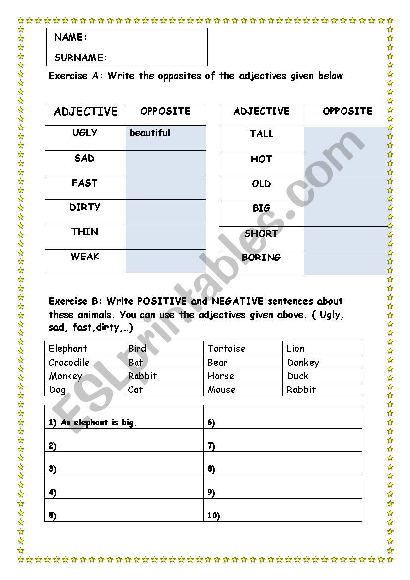 opposite of adjectives worksheet