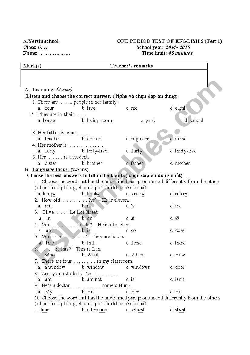 test english 6 worksheet