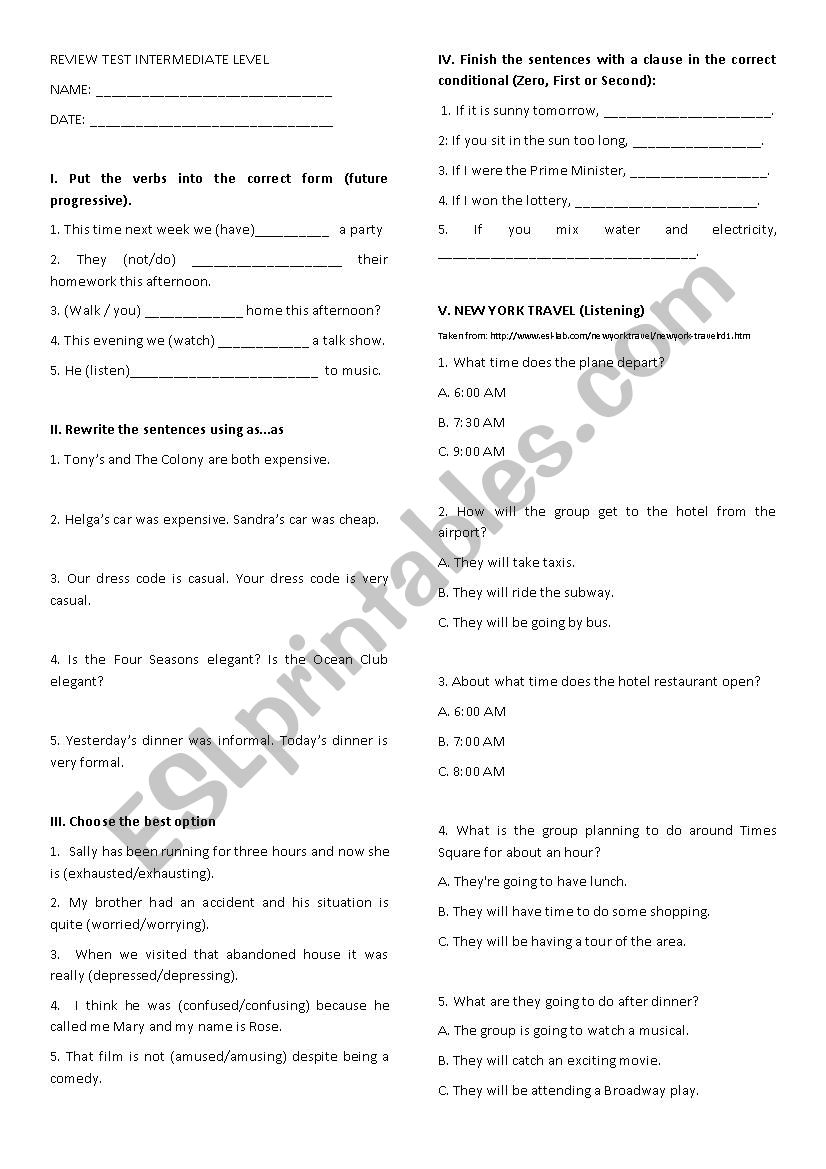 Intermediate Level Test worksheet