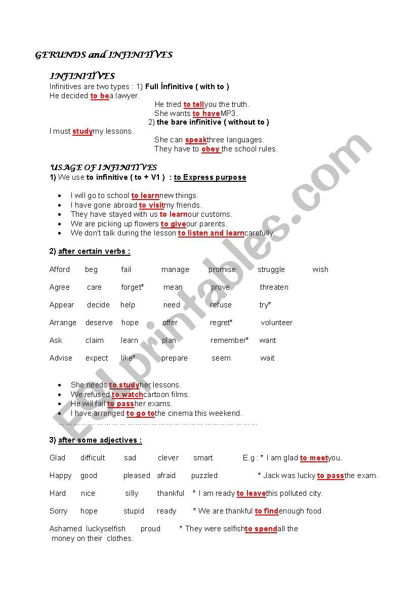 GERUNDS and INFINITIVES worksheet