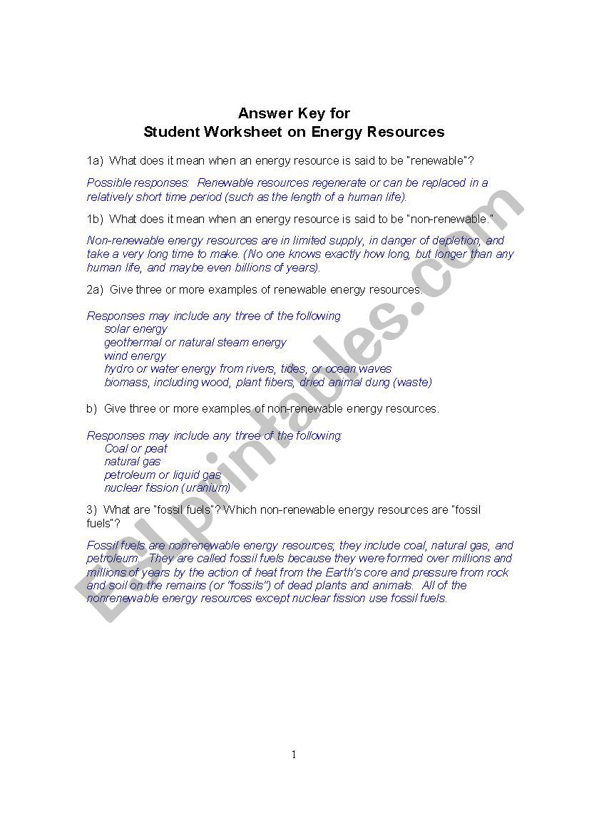 Student Worksheet On Energy Resources