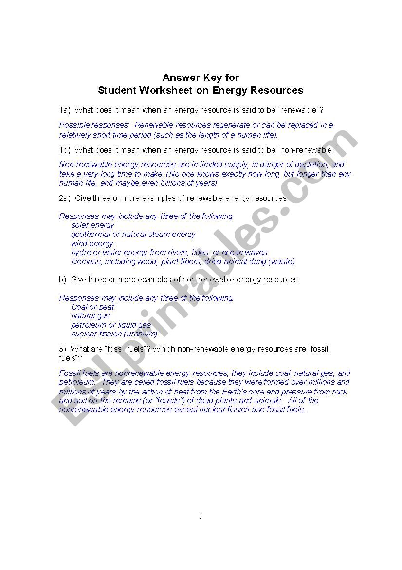 Energy worksheet