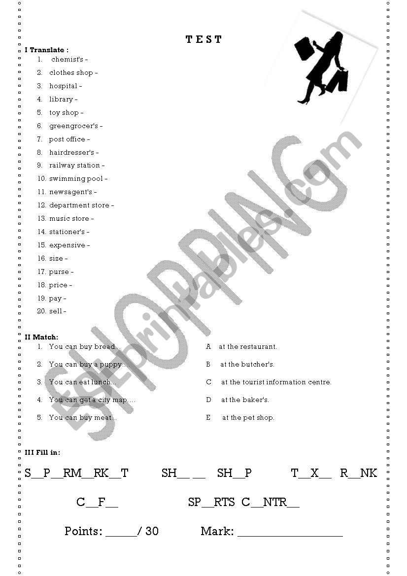 Shopping  - a short test worksheet