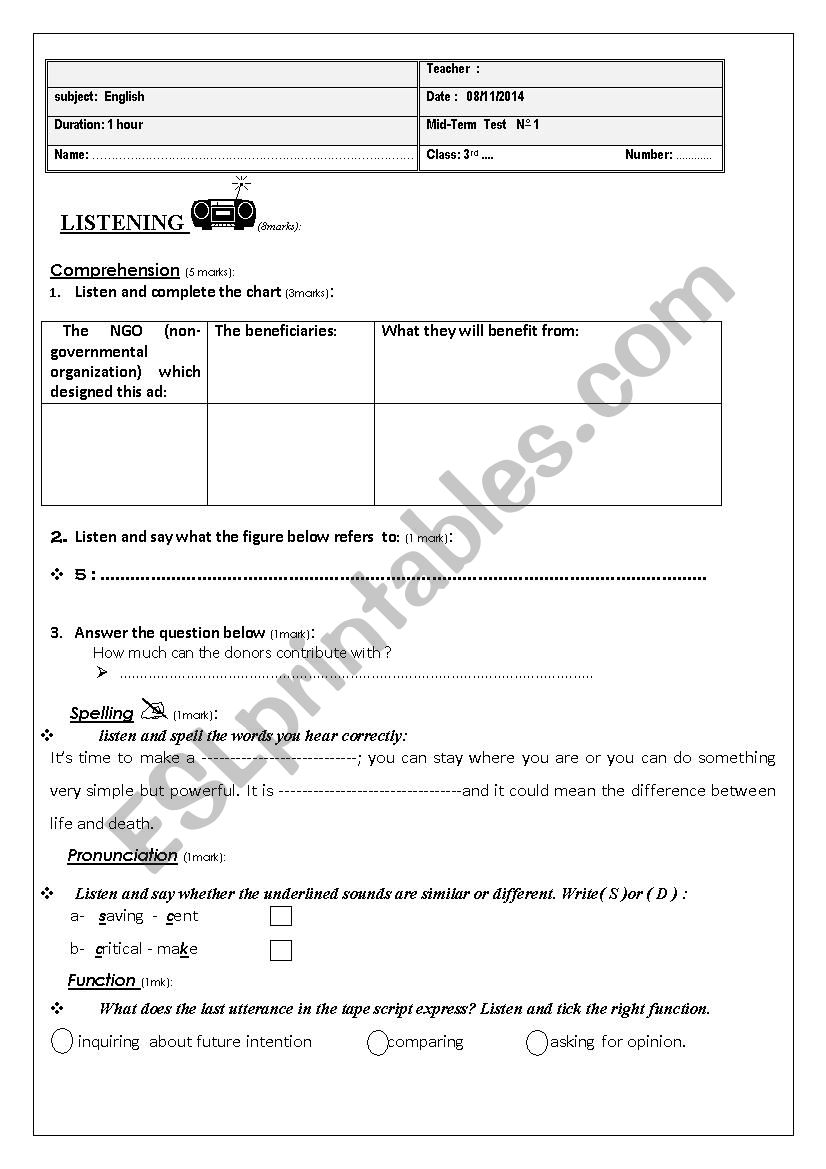 mid term test1 3rd form worksheet