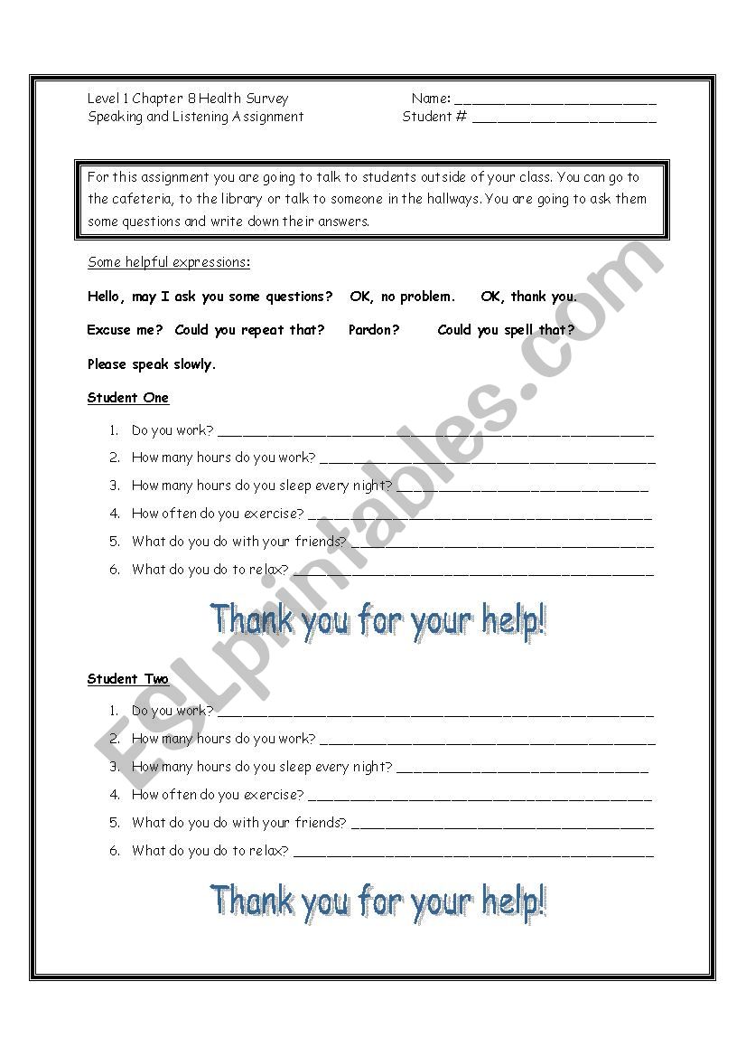 Health survey  worksheet