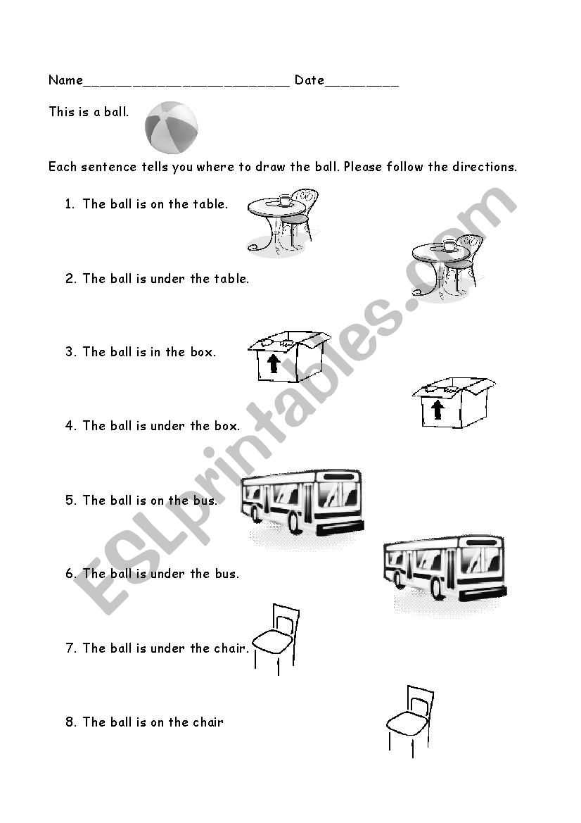 Drawing Preposition Practice worksheet