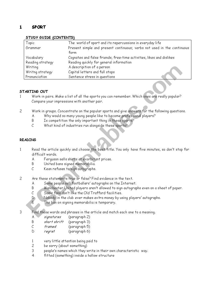 Sport worksheet