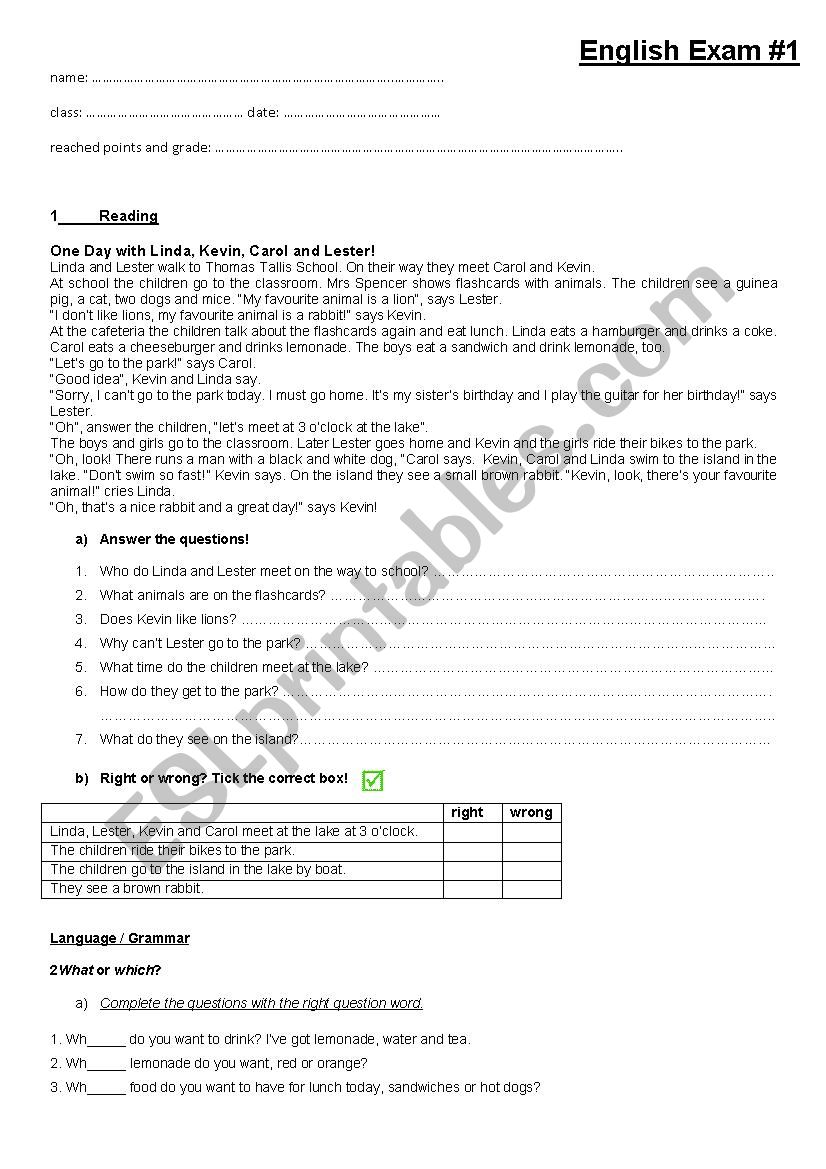 exam 6th grade (school subjects, simple present, present continuous)