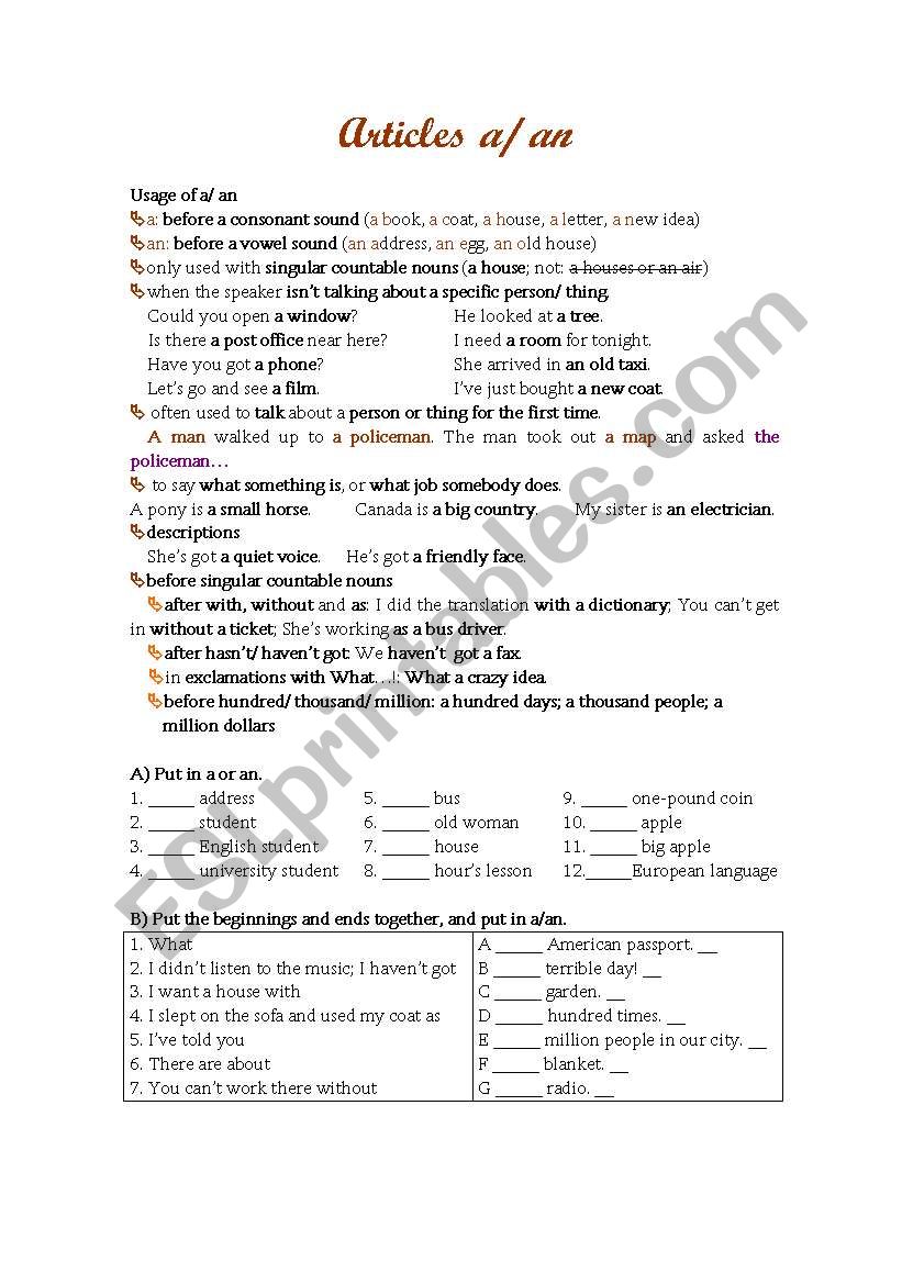 articles a, an and the, no article