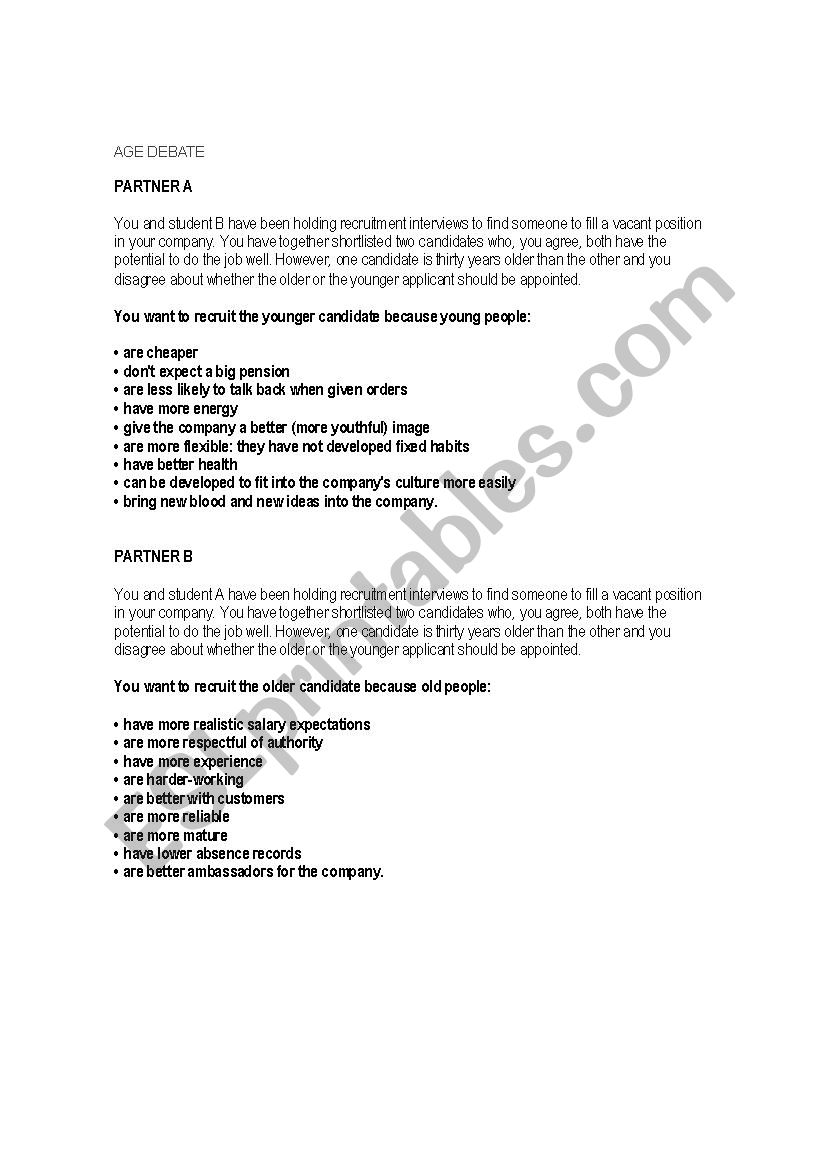 AGE DEBATE BUSINESS ENGLISH worksheet