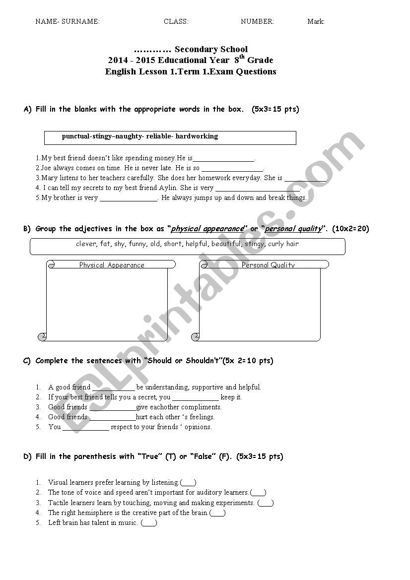 Exam for pre-intermediate worksheet