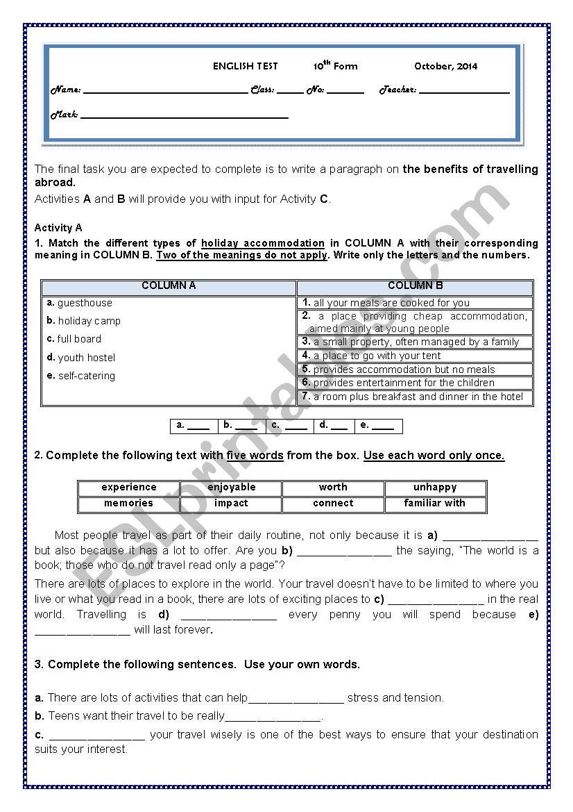 Test - Travelling abroad worksheet