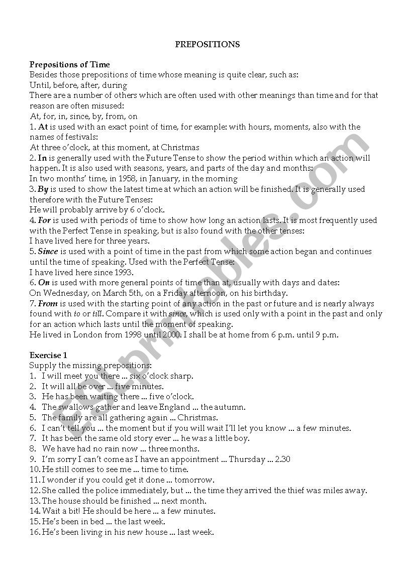 Prepositions worksheet