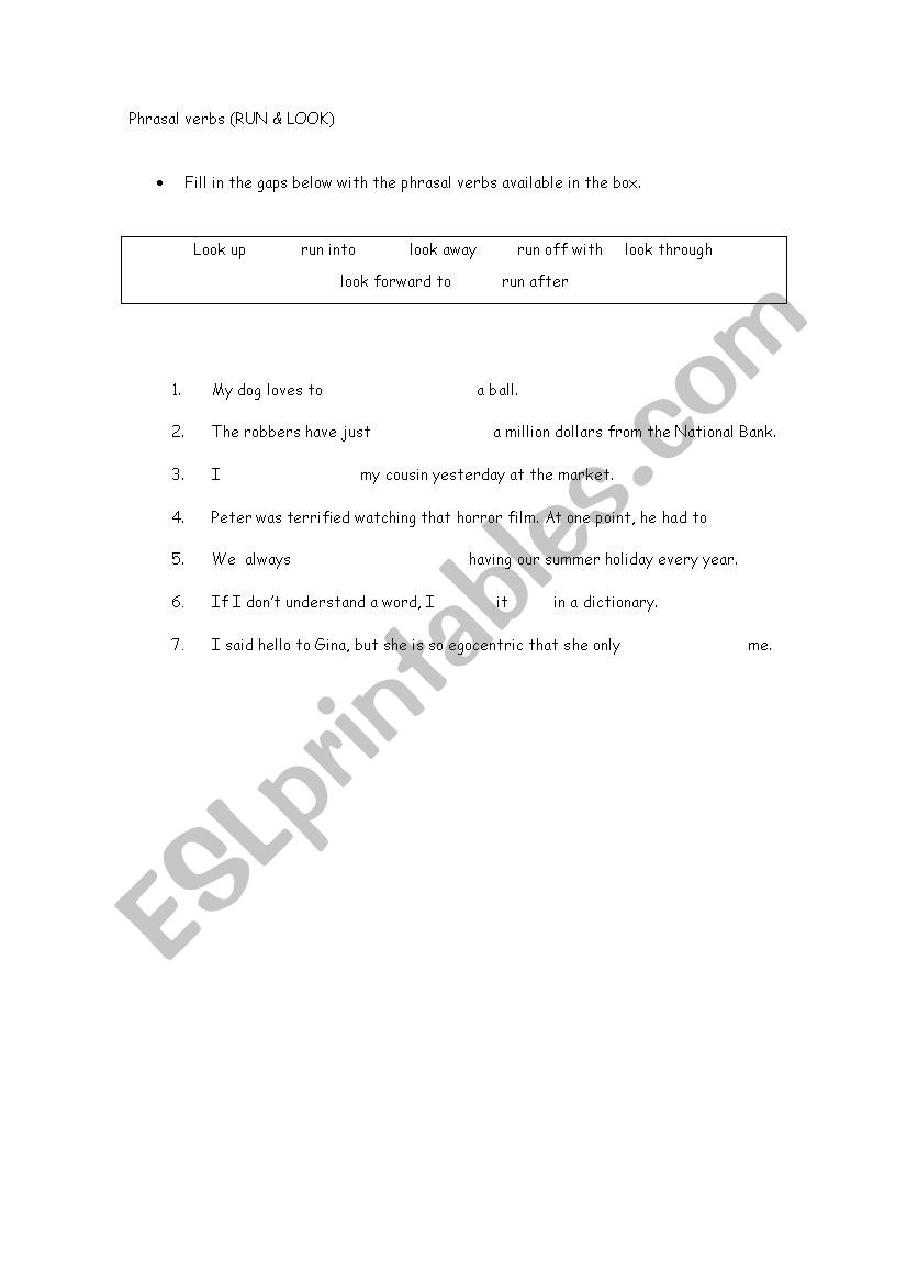 Phrasal verbs RUN & LOOK worksheet